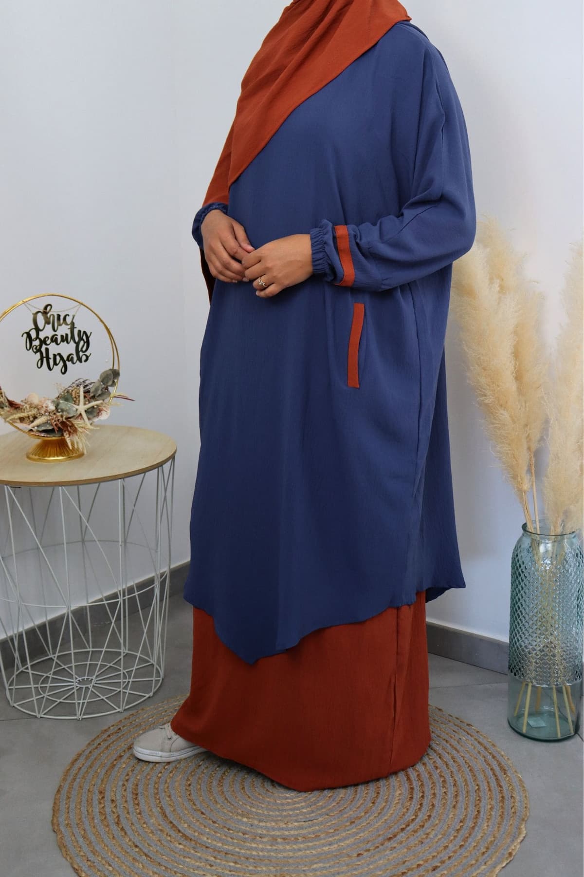 Abaya 3 pièces Myriam bleue orange – Image 3